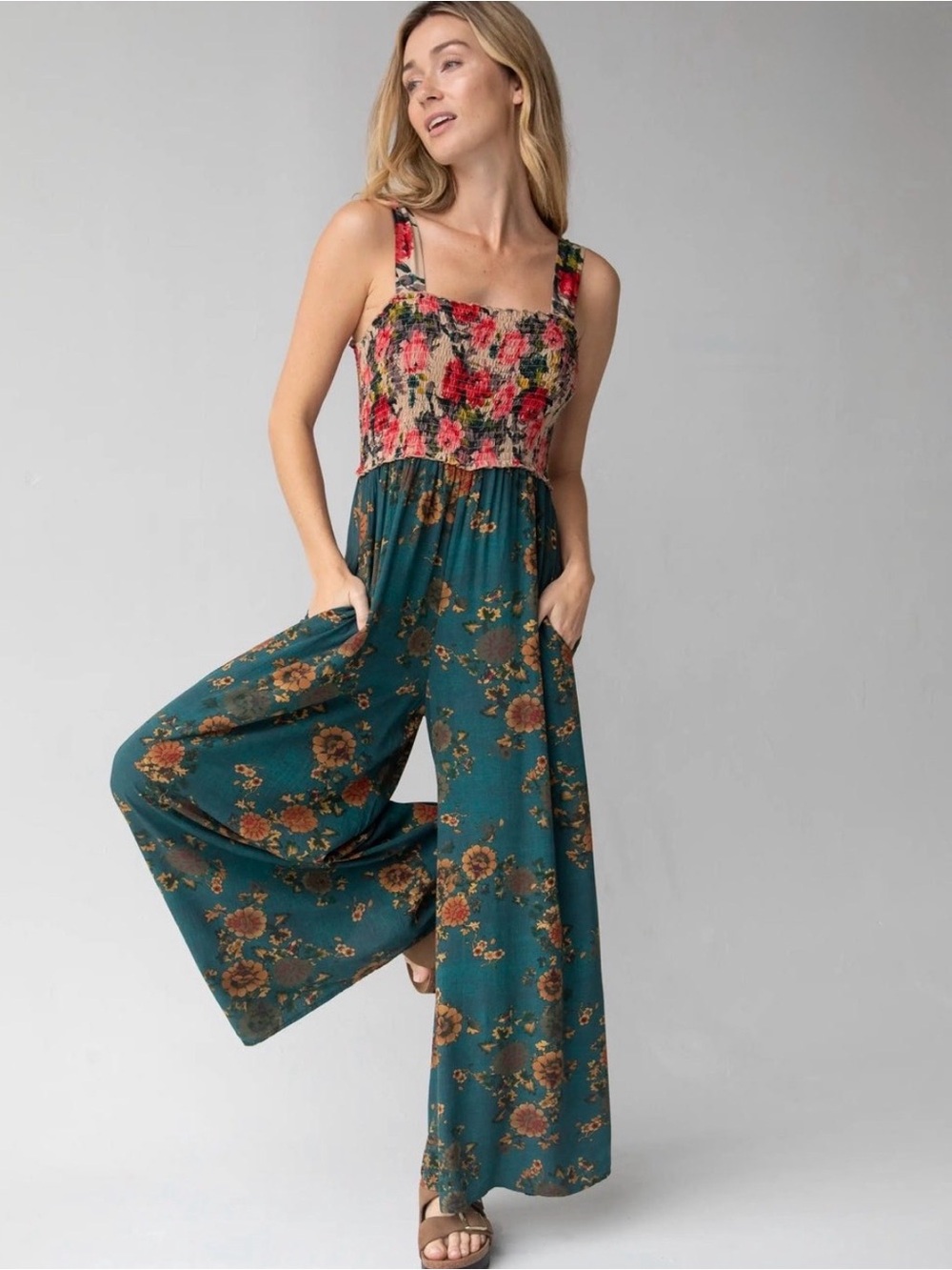 NWT Natural Life Sedona Floral Teal Jumpsuit New With Tags Size Small